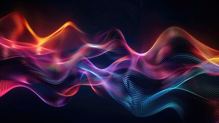 Mesmerizing graphic waves of light, forming dynamic patterns in various colors on a dark backdrop