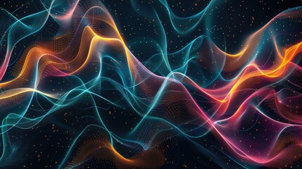 Mesmerizing graphic waves of light, forming dynamic patterns in various colors on a dark backdrop