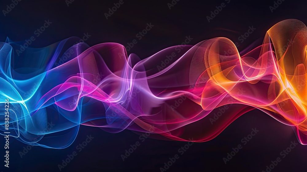Poster mesmerizing graphic waves of light, forming elegant patterns in various colors on a dark backdrop