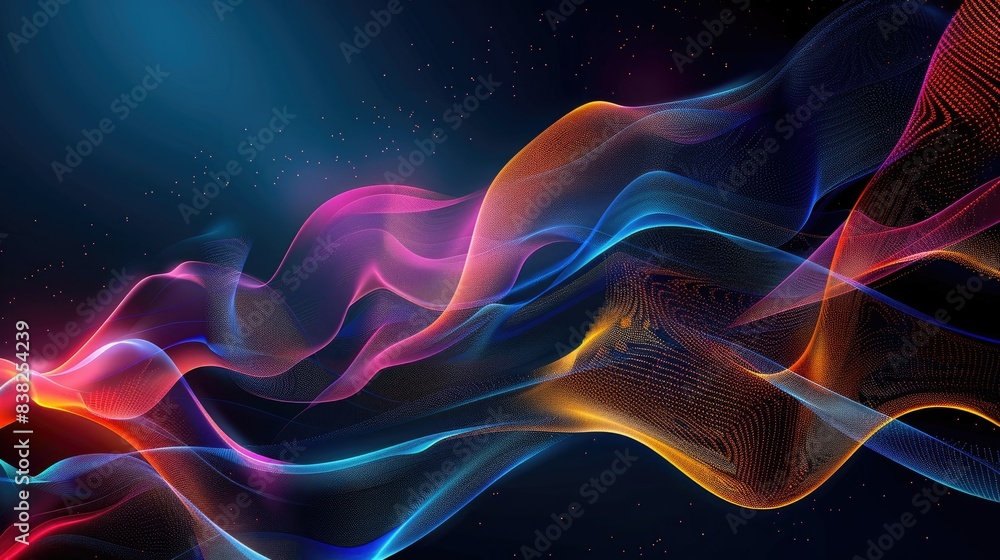 Poster Mesmerizing graphic waves of light, forming elegant patterns in various colors on a dark backdrop