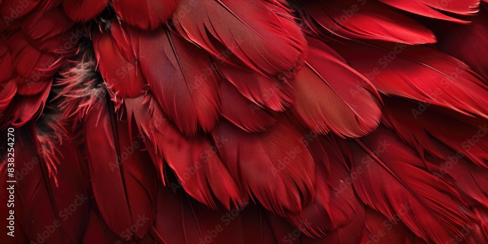 Poster a detailed view of the vibrant red feathers of a bird, ideal for illustrations or designs where a bo