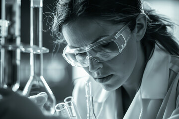 A woman wearing a lab coat and goggles is looking at a beaker