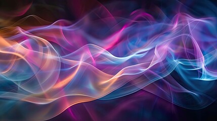 Mesmerizing graphic waves of light, forming elegant patterns in various colors on a dark backdrop