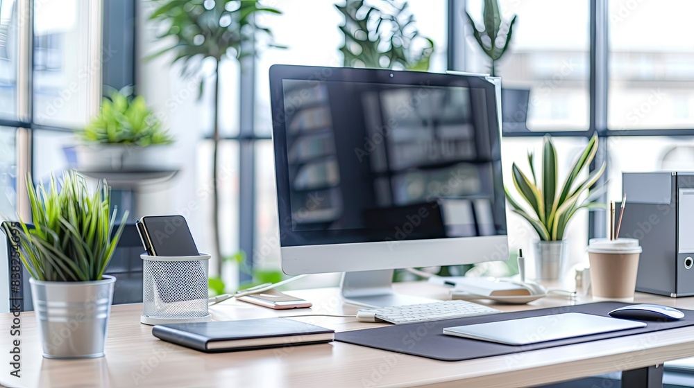 Poster modern office desk with computer, phone, notebook, and pen, creating a stylish and efficient work en
