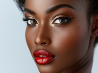 Naklejka premium A stunning portrait of a woman showcasing her beauty with flawless cosmetic makeup. Her eyes are highlighted with expertly applied eyeliner and eyeshadow, while her lips are perfectly defined with a