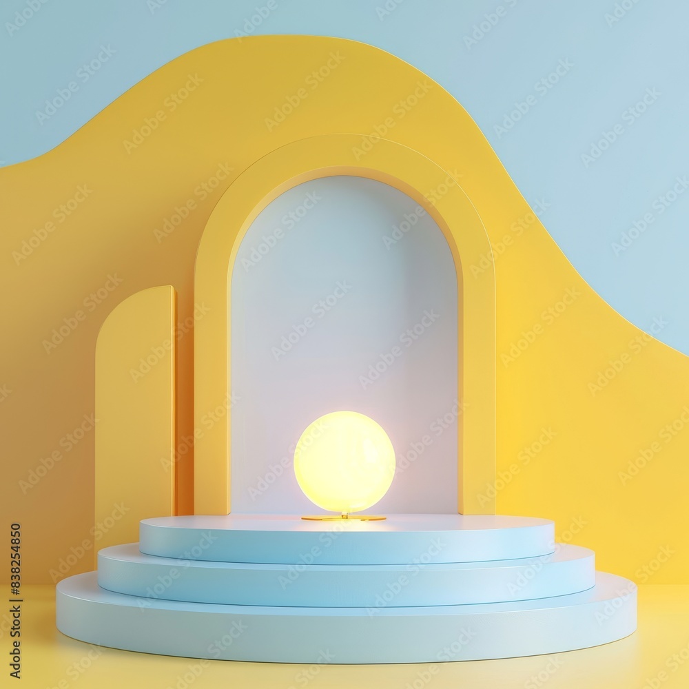Poster an abstract mock up scene in blue color with yellow geometric shapes as a podium background for prod