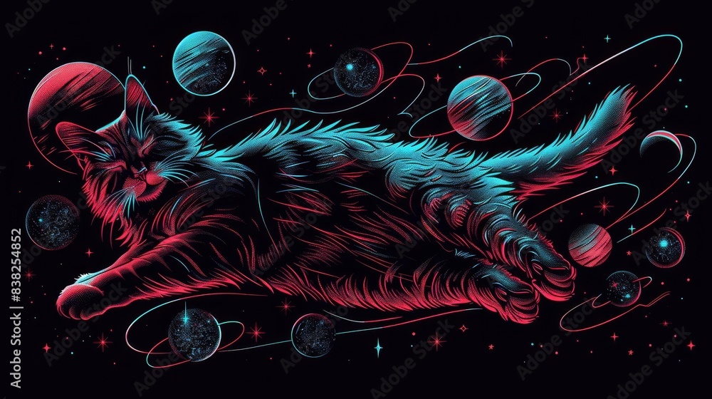 Poster cosmic cat floating in space with stars and planets trendy tshirt design on black background digital