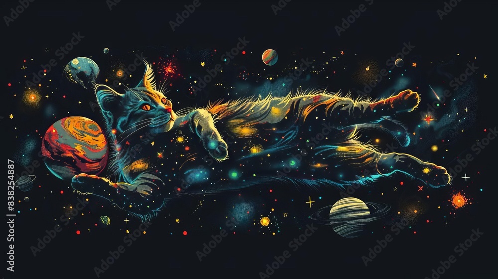 Poster cosmic cat floating in space with stars and planets trendy tshirt design on black background digital