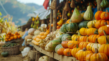 A large pile of pumpkins and squash are displayed at a market