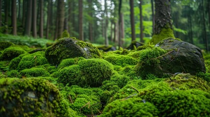 Moss and algae-covered stones, set against a green forest backdrop, showcasing natural beauty