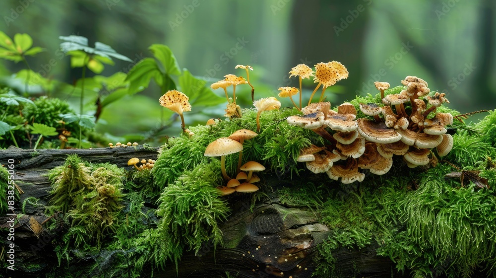 Poster moss-covered decayed log with various fungi, illustrating the process of natural decomposition in th
