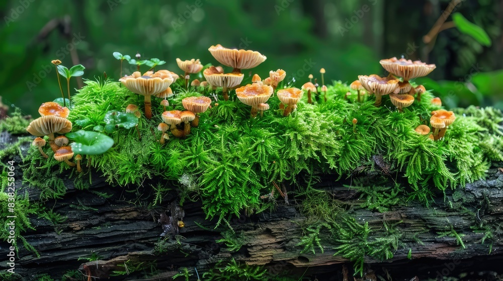 Poster moss-covered decayed log with various fungi, illustrating the process of natural decomposition in th