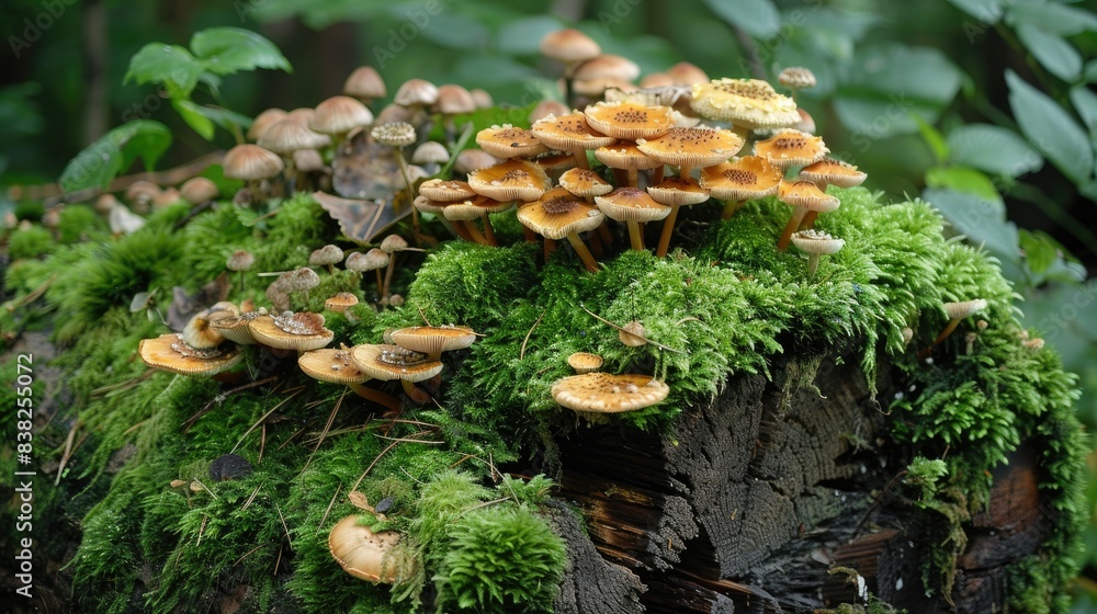 Poster moss-covered decayed log with various fungi, illustrating the process of natural decomposition in th
