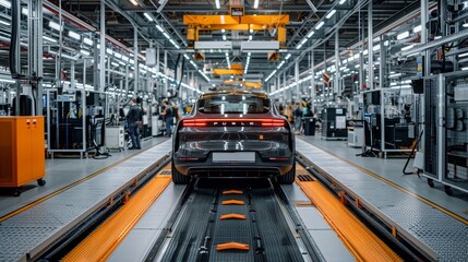 A large industrial building with a yellow crane in the background