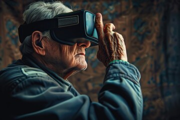 A senior adult wearing futuristic computer glasses, perfect for technology and innovation concepts - Powered by Adobe