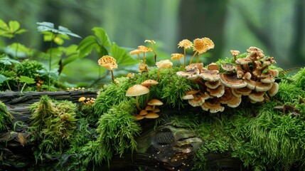 Moss-covered decayed log with various fungi, illustrating the process of natural decomposition in the forest