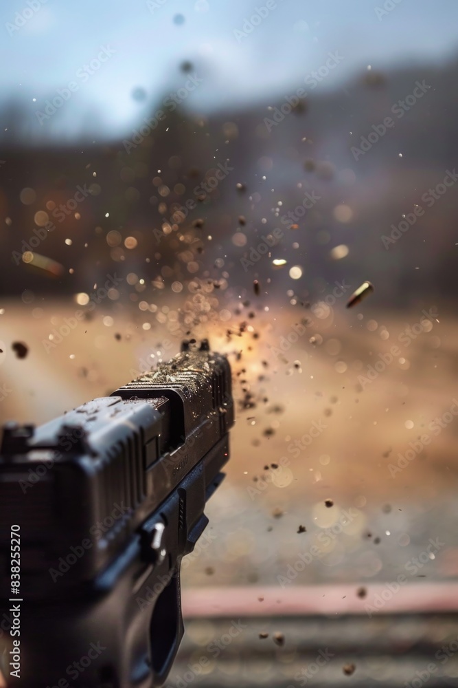 Aufkleber a close-up view of a gun with a bullet in the background, suitable for crime or action-themed images