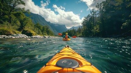 A person in a kayak paddles down a river, with calm waters and surrounding landscape
