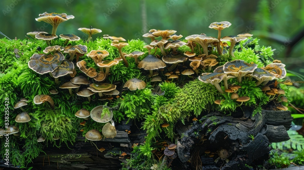 Poster moss-covered rotting log with diverse fungi, creating a captivating scene of natural decay in the fo