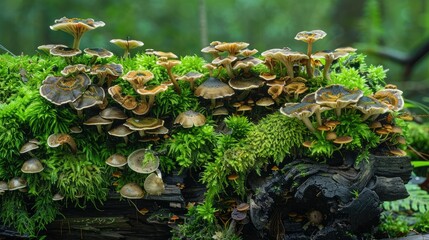 Moss-covered rotting log with diverse fungi, creating a captivating scene of natural decay in the forest