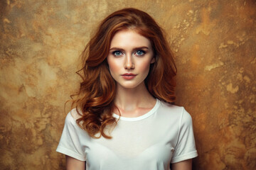 Fototapeta premium Beautiful girl with red hair on a golden background