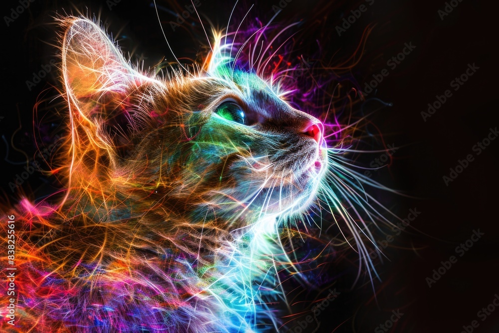 Poster a cat with a colorful light shining on its face, suitable for use in digital art, fantasy and sci-fi