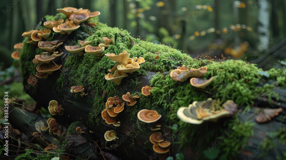 Poster moss-covered rotting log with diverse fungi, creating a captivating scene of natural decay in the fo