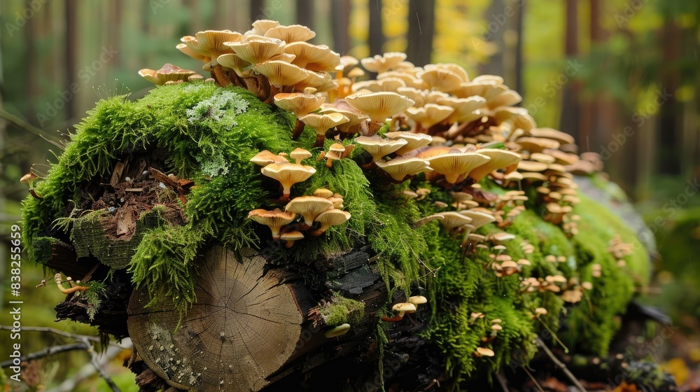 Poster Moss-covered rotting log with various fungi, creating a captivating scene of natural decay in the forest