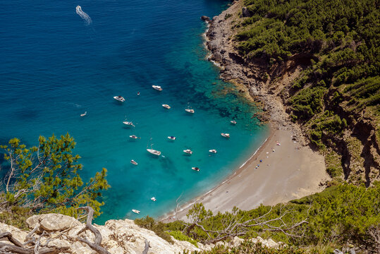 Aerial view of boats moored at Es Coll Baix beach, Alcudia, Majorca, Balearic Islands, Spain