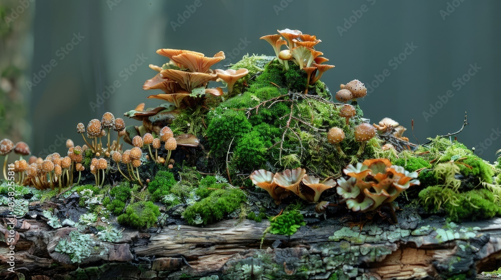 Poster moss-covered rotting log with various fungi, creating a captivating scene of natural decay