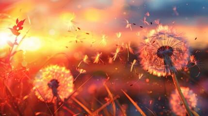 dandelion seeds blowing in the wind at sunset conceptual growth image digital illustration