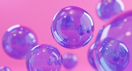 In this illustration, there are many flying spheres against a pink background.