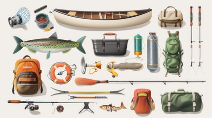 A collection of various fishing gear and accessories, including a canoe, rod, reel, and more