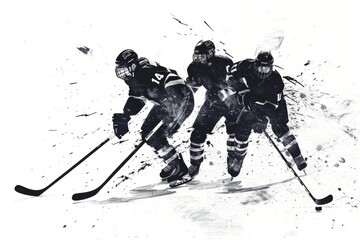 Group of men engaged in a game of ice hockey on an outdoor rink