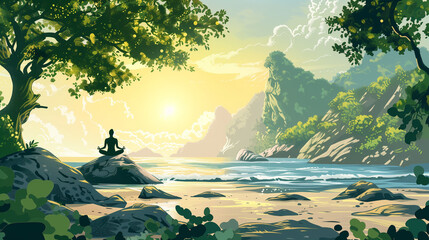 Serene illustration of a person practicing yoga in a peaceful garden surrounded by lush greenery. Mindfulness and relaxation concept
