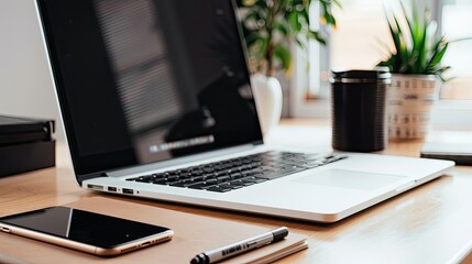 Neat workspace setup with a computer, smartphone, notebook, and pen, ready for a productive day