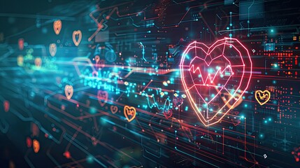 Fototapeta premium Neon heart wave with digital icons, illustrating the intersection of cardiology and technology, on a dark backdrop