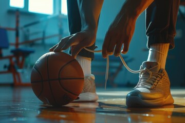 A person tying their shoelace on top of a basketball, useful for sports or lifestyle photography