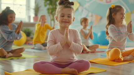 A joyful scene of children practicing yoga with an instructor in a bright and playful classroom. Youth fitness and engagement concept
