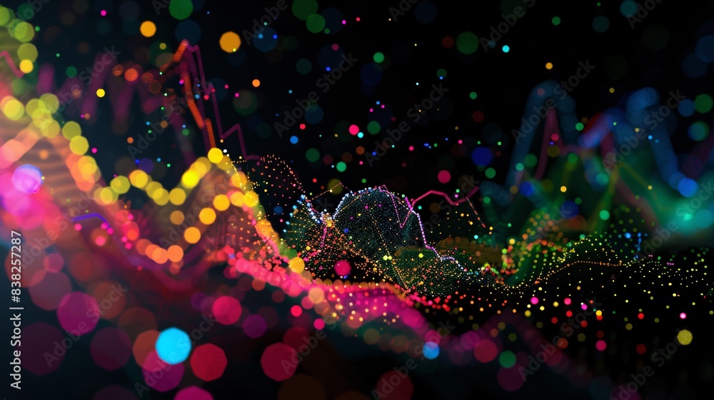 Poster an abstract image of colorful lines and dots forming a stock market chart on a black background