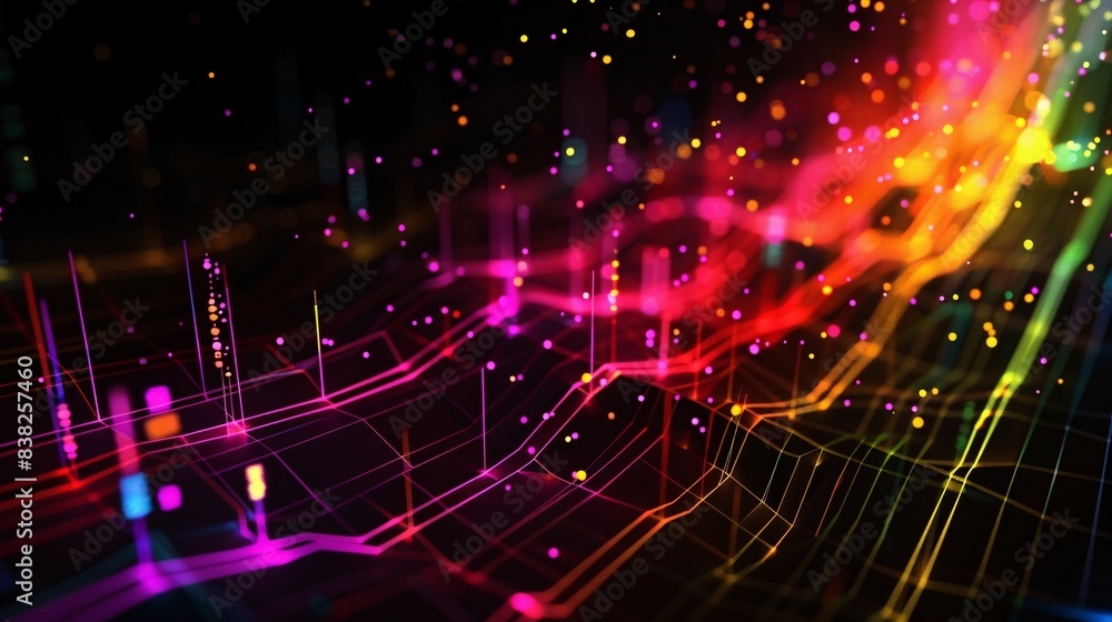 Poster an abstract image of colorful lines and dots forming a stock market chart on a black background