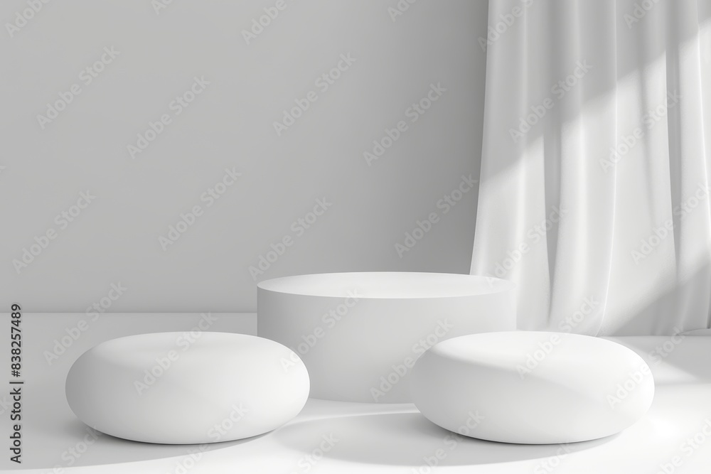 Poster mock up with a white podium and a white background. abstract rendering in 3d.