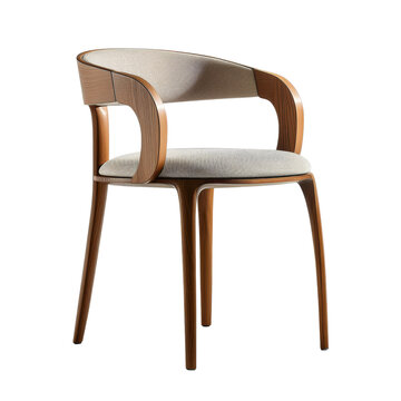 recommend clip art: Minimalist wooden dining chair with curved silhouette and comfortable cushioned seat isolated on white background, png image.