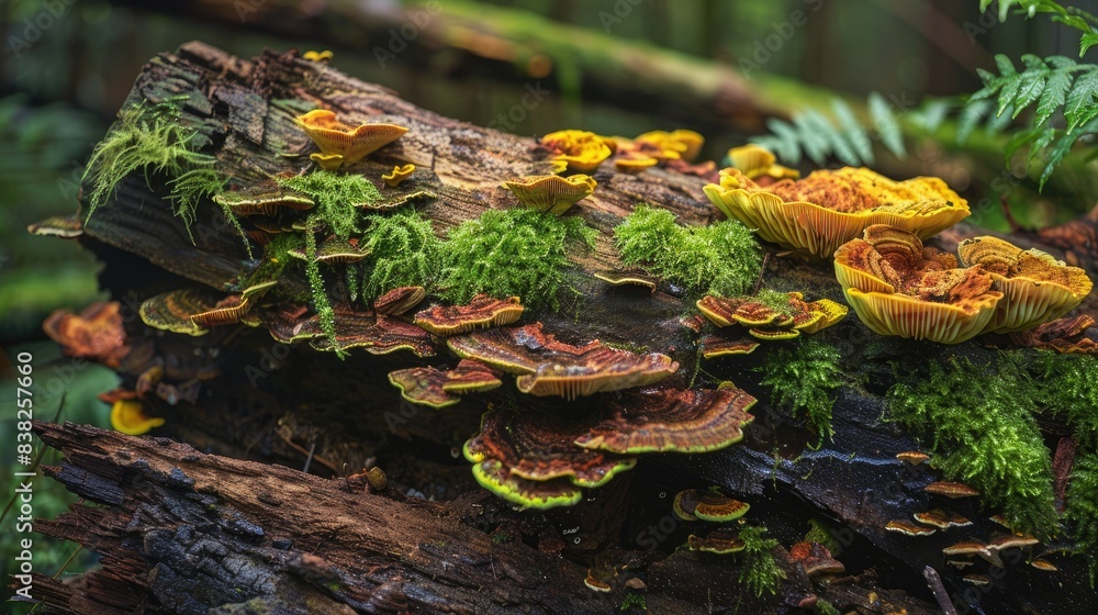 Poster old decayed log with vibrant moss and colorful fungi, emphasizing the textures and details of natura