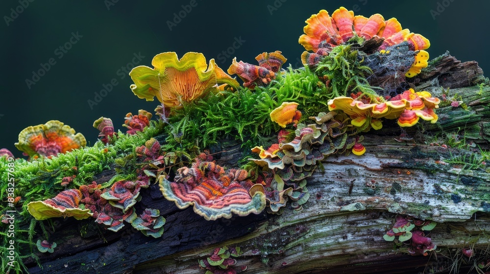 Poster old decayed log with vibrant moss and colorful fungi, emphasizing the textures and details of natura
