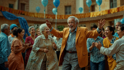 Fototapeta premium Senior Man Leading Celebration Surrounded by Friends and Family