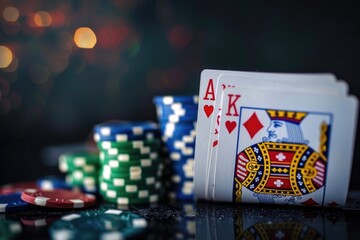 Close-up of playing cards and chips on a table, suitable for casino or game-themed images