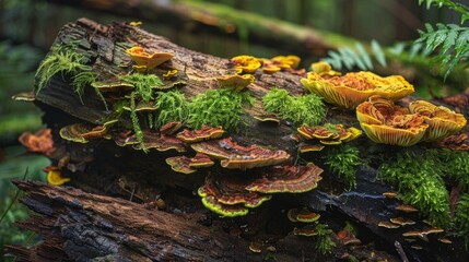 Obraz premium Old decayed log with vibrant moss and colorful fungi, emphasizing the textures and details of natural decay