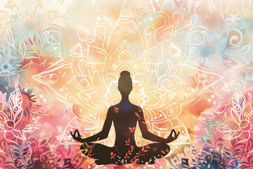 Serene person meditating in the lotus pose surrounded by a tranquil environment. Mindfulness and peace concept