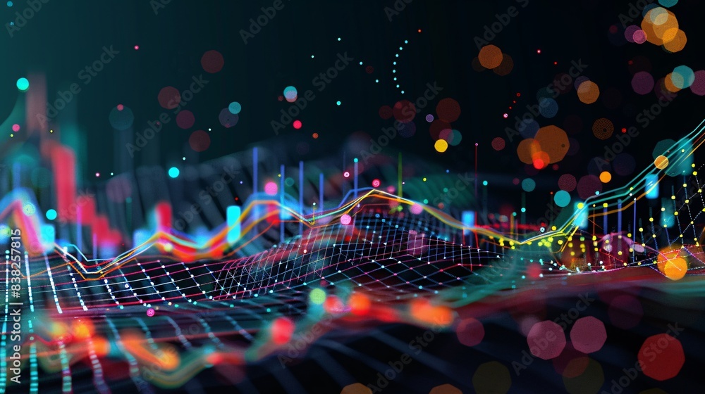 Aufkleber an abstract image of colorful lines and dots forming a stock market chart on a black background